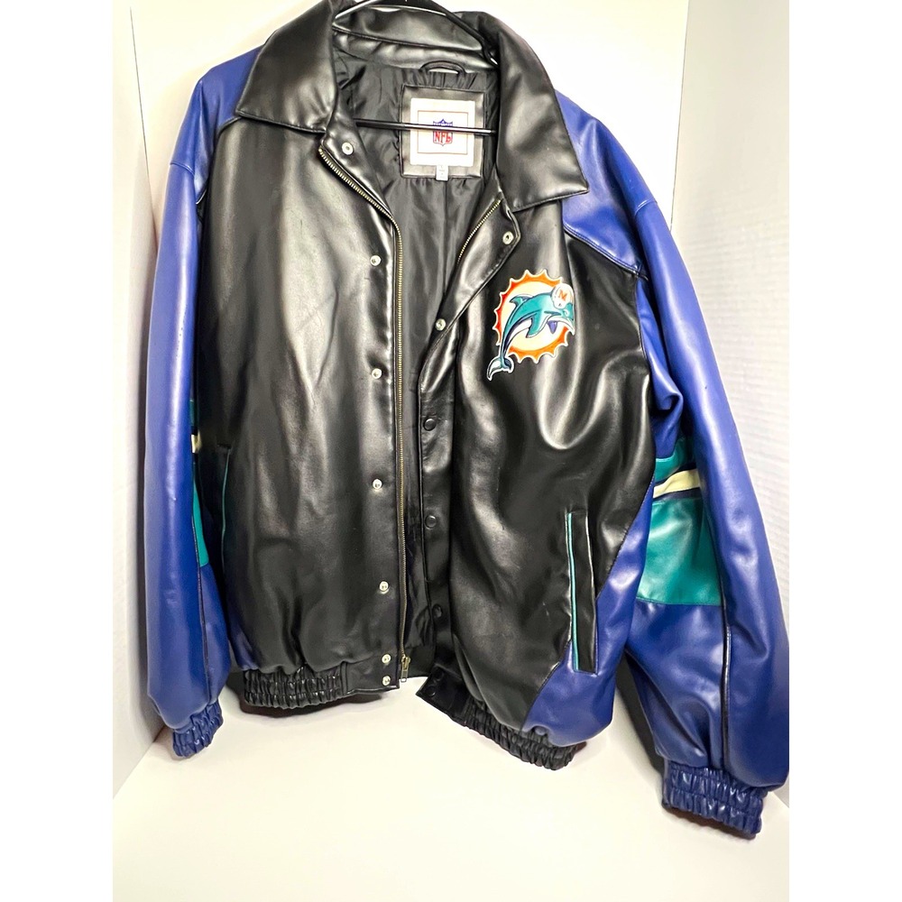 NFL Miami Dolphins Faux Leather Jacket Size L Black Blue Teal - NFL